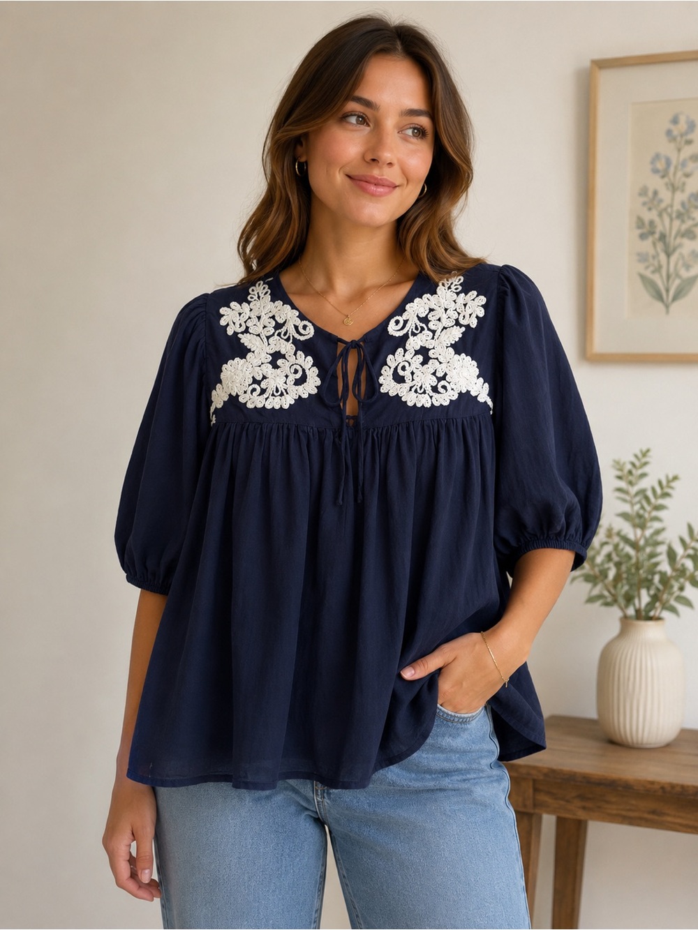 Elie Tahari Navy Blouse with Cream Floral Embroidery Size SP